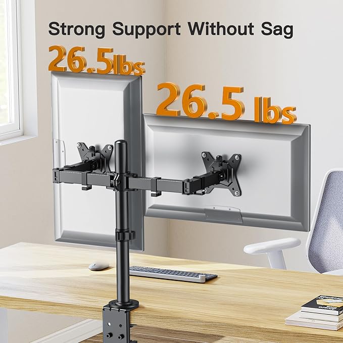 ErGear Dual Monitor Desk Mount for 13″–34″ Monitors up to 26.5 lbs, Fully Adjustable Monitor Stand Holds 2 Computer Screens, Heavy-Duty Dual Monitor Arm with C-Clamp & Grommet Base, Black, EGCM13B