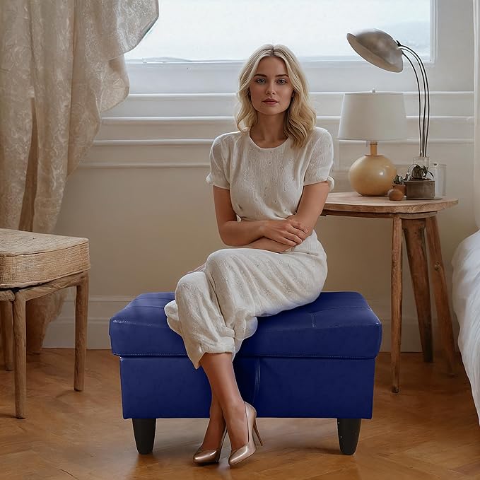 Ottoman Rectangular Storage Ottoman Bench, Faux Leather Footrest, Coffee Table, Stool Footstool with Hinged Lid for Living Room, Bedroom, Entryway, Blue, 35"x23.5"x17.5"