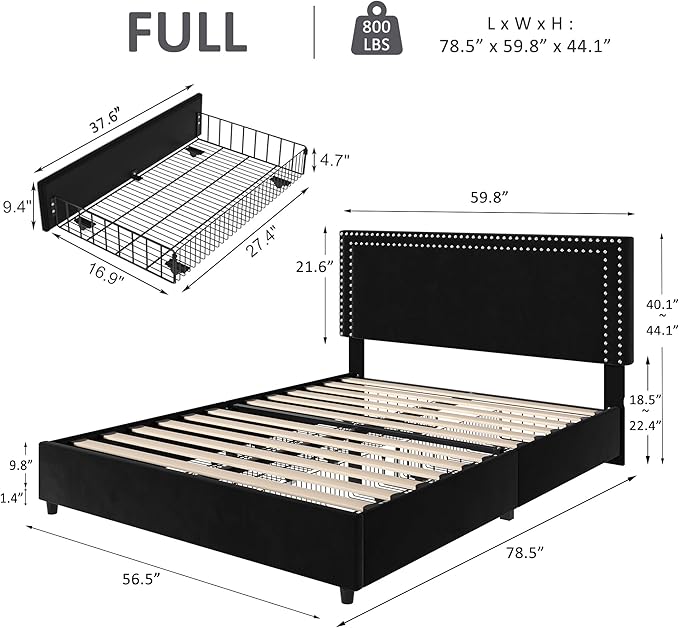 VECELO Full Size Upholstered Platform Bed Frame with 4 Storage Drawers, Adjustable Velvet Headboard Nailhead, Wooden Slats Support, No Box Spring Needed, Easy Assembly
