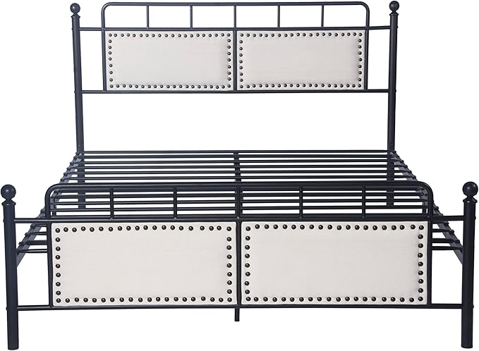 Bed Frame Upholstered Platform Vintage with Tufted Head Board Mattress Foundation with Metal Slats Full Size Industrial for Bedroom Students Kids Adults Storage Under Bed 500lbs (Black Metal 3, Full)