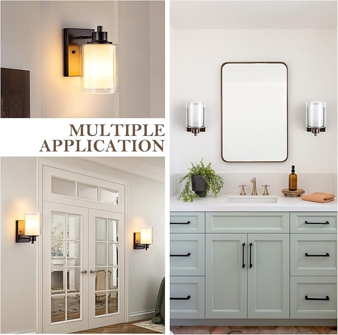 2 Pack Bath Vanity Light Fixtures 1-light, Indoor Oil Rubbed Bronze Wall Light with Dual Glass Shade, Farmhouse Bathroom Wall Scone, Vintage E26 Bese Wall mount Lighting
