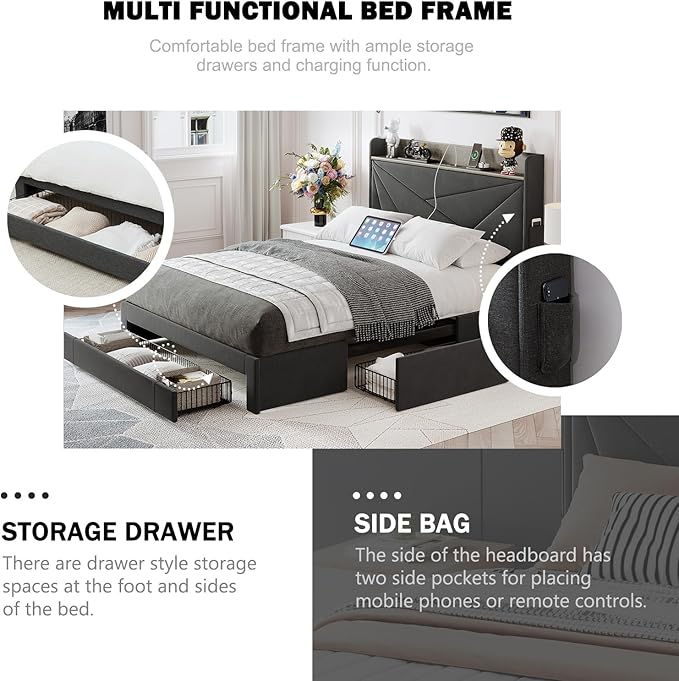 Bed Frame Full Size with 3 Drawers, Upholstered Full Size Bed Frame with Storage Headboard, AC USB & Type C Charge Station, Wooden Support Slats No Box Spring Needed Easy Assembly, Grey