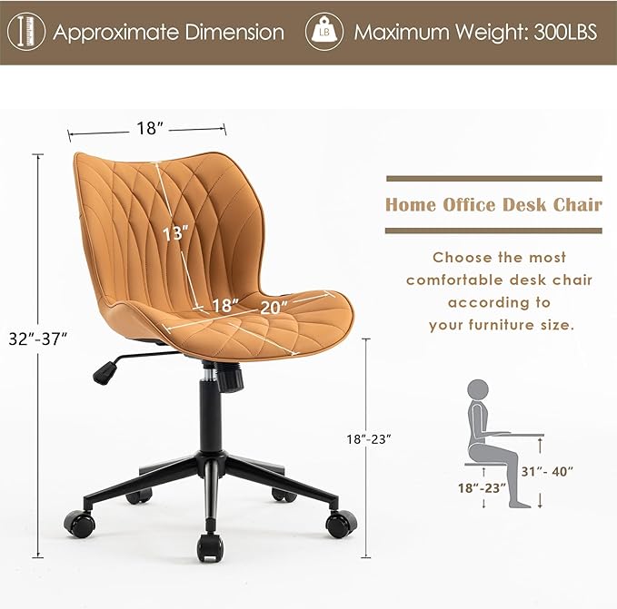 YOUNUOKE Armless Desk Chair Comfy Office Chair with Wheels Home Ergonomic Task Chair Adjustable Computer Chairs Modern Faux Leather Swivel Chair Upholstered Makeup Vanity Chair with Back(Camel)