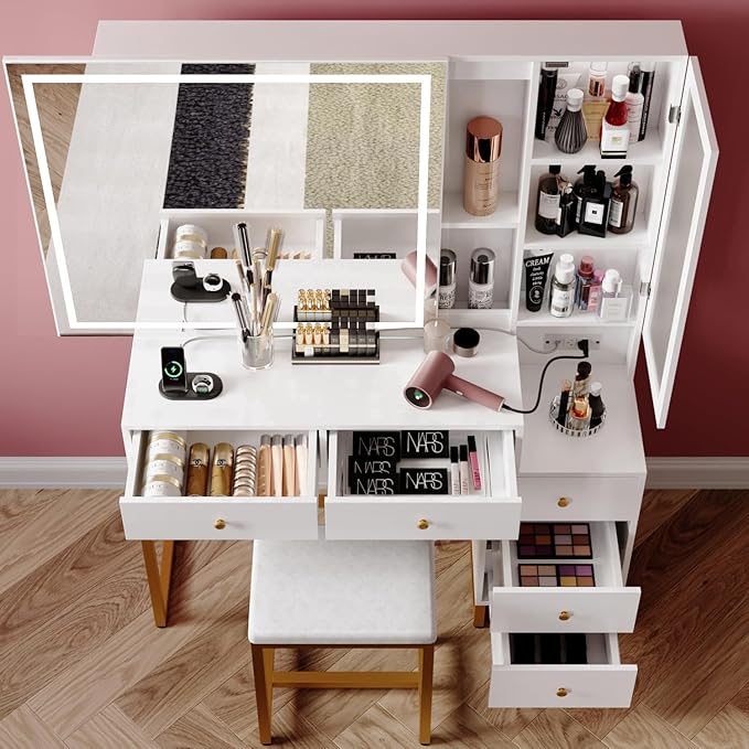 Vanity Set with Lighted Mirror and Charging Station, Extra Large Mirror Makeup Vanity Table with Cushioned Stool,5 Drawers, Modern Vanity Table with Nightstand