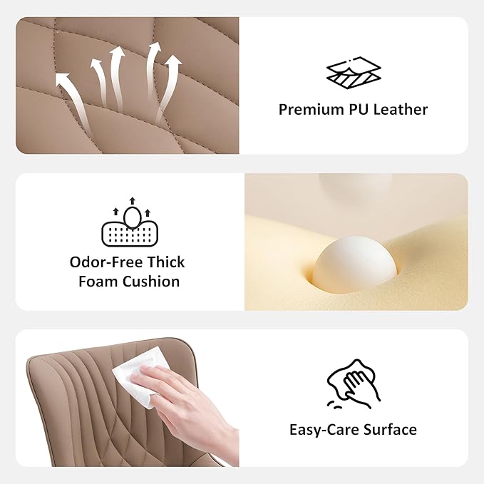 YOUTASTE All Khaki Office Chair, Modern Armless Desk Chair with Back, Adjustable Swivel Rolling Faux Leather Task Chair with Wheels Metal Base for Home Office, Study, or Vanity