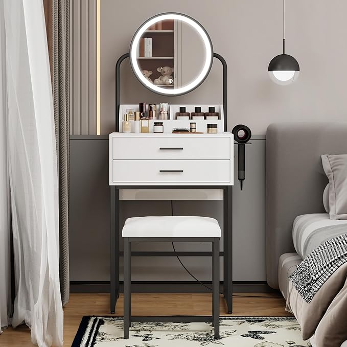 ARTETHYS Small Vanity Desk with Mirror and Lights Compact Makeup Vanity Set with Drawers for Bedroom Mini White Modern Dressing Table with Stool