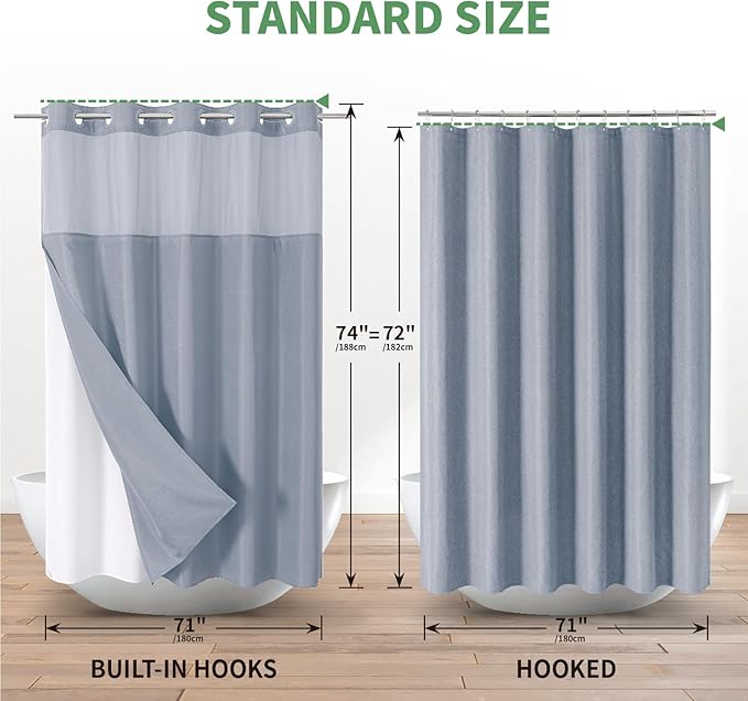 Blue No Hook Shower Curtain with Snap-in Fabric Liner Set,Slub Textured Fabric Shower Curtains for Bathroom,Hotel Style Modern Shower Curtain,Water Repellent & Washable,71x74(72)