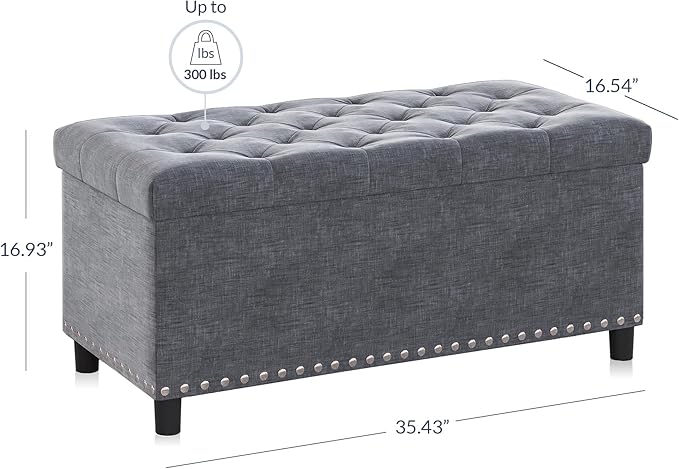 BELLEZE 35" Tufted Ottoman, Storage Bench with Safety Close Hinge, Ottoman with Storage for Living Room, Entryway, Hallway, Foot Rest, Support 300lbs - Grey