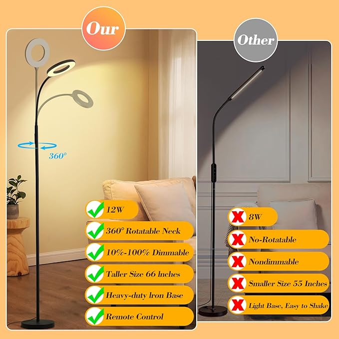 LED Floor Lamp, 12W/1000LM Reading Light, 3 Color Temperatures Bright Floor Lamp, Adjustable Gooseneck Standing Lamp with Remote & Touch Control for Living Room, Bedroom, Office(Black)