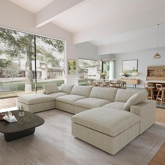 JACH U-Shaped Cloud Sectional Couch for Living Room, Modular Convertible Sectional Couch, Sofa Cushion Covers Removable, Comfy Sofas with Chaise Ottomans for Apartment, Office (Khaki)