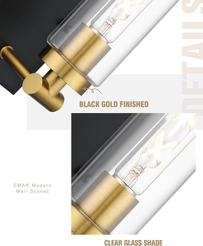 Emak Black and Gold Wall Sconces Set of Two, Modern Wall Sconce with Clear Glass Shade, Farmhouse 2 Light Bathroom Vanity Light for Living Room, Bedroom, Gallery, WS086-BKBGD-CG-2PK