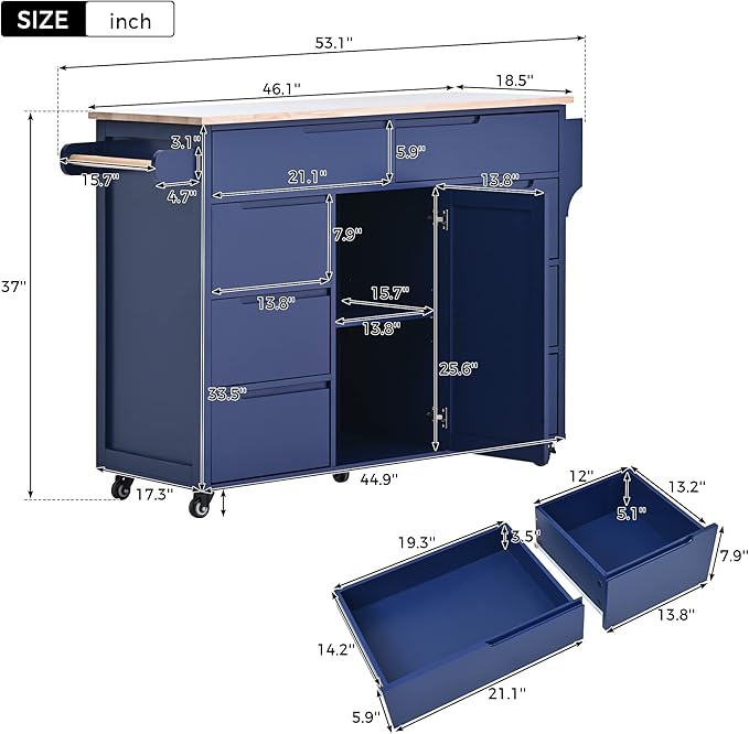 53 Inch Width/18.5 Inch Depth Kitchen Cart with Rubberwood Countertop on 5 Wheels, Rolling Kithcen Island with Storage Cabinet & 8 Handle-Free Drawers & Adjustable Shelf for Kitchen, Dark Blue