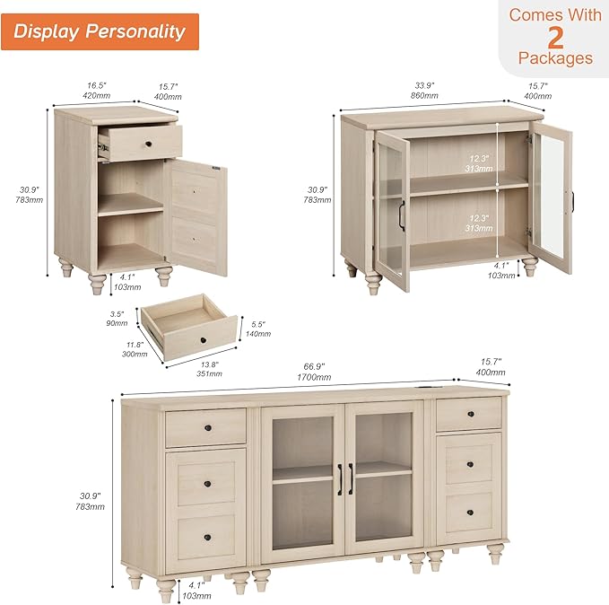 WAMPAT TV Stand for 75 Inch TV, Wood TV Cabinet Entertainment Center with Charging Station, Glass Door Buffet Cabinet for Dining Room, Light Oak