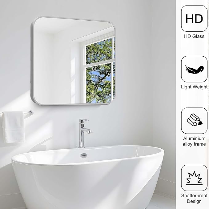 Silver Bathroom Mirror, 30 x 30 Inch Silver Square Mirror, Metal Framed Rectangular Vanity Mirror, Rounded Corner Wall Mounted Mirror for Living Room Bedroom Entryway Hangs Horizontal/Vertical