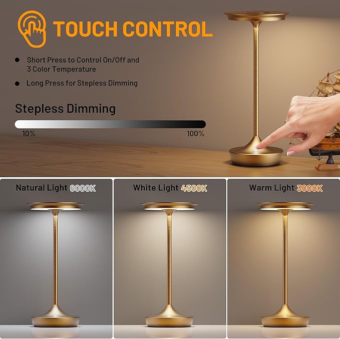 2 Pack LED Rechargeable Cordless Table Lamps, Portable Outdoor Battery Operated Table Light 3 Color Stepless Dimming Table Lamp with Memory Function for Patio Restaurant Dining Room Bronze