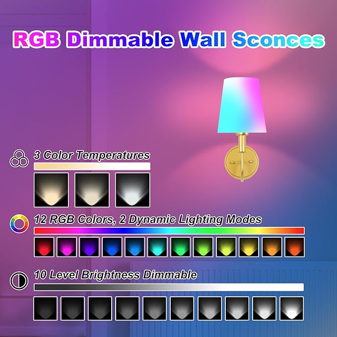 Wireless Rechargeable Wall Sconce, Battery Operated Wall Lights with Remote, Wall Lamps with Dimmable RGB LED Bulbs, No Wiring Gold Sconces Wall Decor Set of 2 for Bedroom Living Room Hallway
