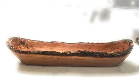 18-20" Rustic Olive Wood Bread Basket- Long Oval Dough Bowl Live Bark Edge. Artisan Serving Piece: Baguettes, Italian Bread, Food. In Med 14"/Lg 18" (Large 18-20x3-4x3)