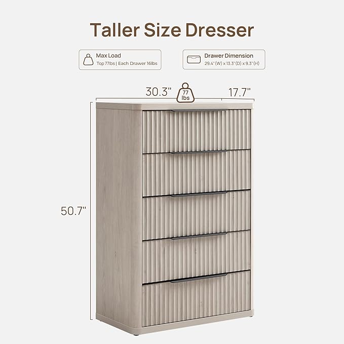SICOTAS Dresser for Bedroom - Tall Dressers & Chests of Drawers with 5 Drawers Large Modern Dresser for Closet Fluted Wide TV Stand Clothes Closet Storage for Bedroom Hallway Entryway, White Alder