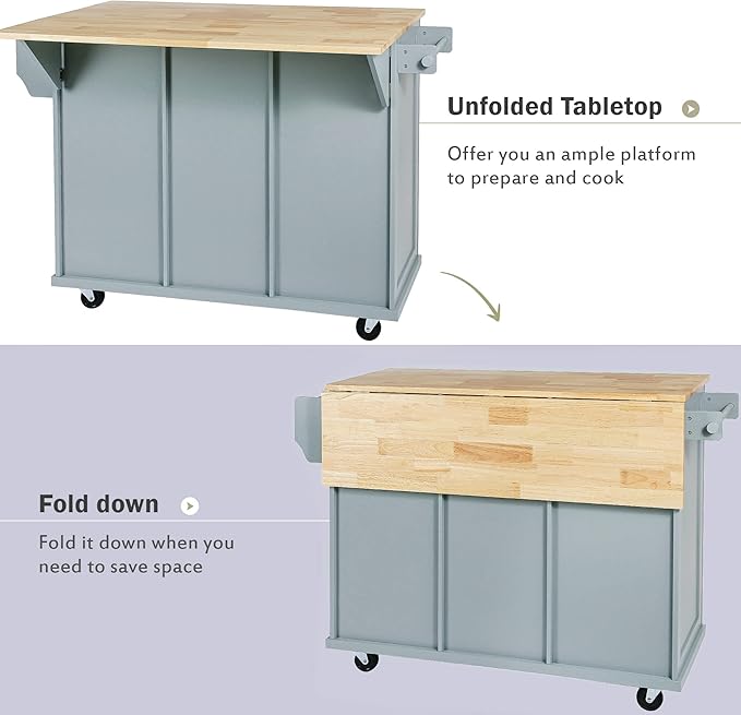 Rolling Kitchen Island Cart on Wheels with Drop-Leaf Cabinet Door Internal Storage Rack, 3 Drawers for Kitchen, Dining Room, Living Room, Home Bar, Bathroom 53.1"W*29.5"D*37.2"H Grey Blue