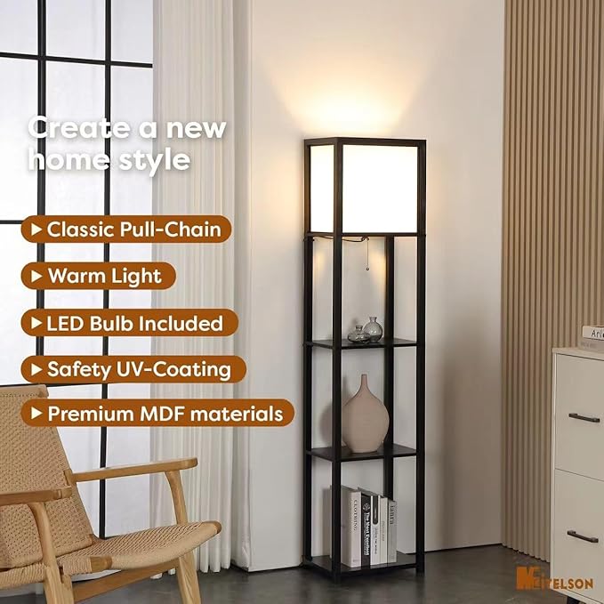 Floor Lamp with Shelves, 4-Tier Modern Shelf Floor Lamps, Corner Display Floor Lamp, Shelf Lamp with LED Bulb for Living Room, Bedroom and Office - Black