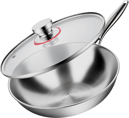 LOLYKITCH Tri-Ply 13 Inch Stainless Steel Wok Pan with Lid, Stir-Frying Pan,Induction Wok,Dishwasher and Oven Safe,Heavy Duty and Detachable handle.