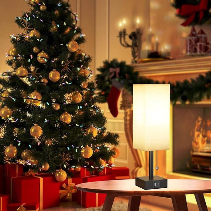 Bedside Table Lamp with 3 Color Temperatures - 3000/4000/5000K Small Lamp with USB C+A Ports, Nightstand Lamp with 3 Color Modes by Pull Chain, Bedroom Lamp for Living Read Work(LED Bulb Included)