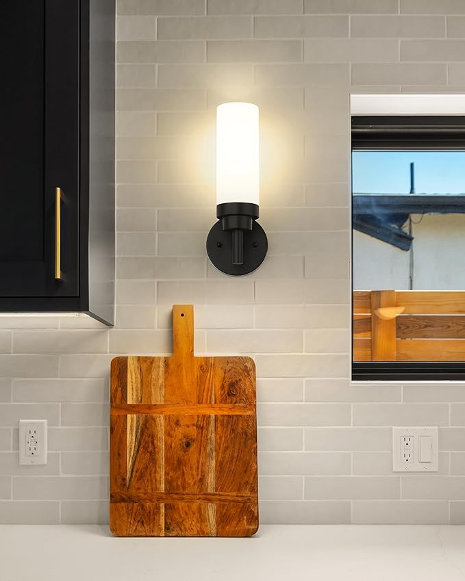 Emak 13 Inch Black Bathroom Light Fixtures, Modern Wall Sconce with Milk Glass Shade, Farmhouse Wall Lamp for Bathroom, Mirror, Hallway, Bedroom, WS085-BK-ML