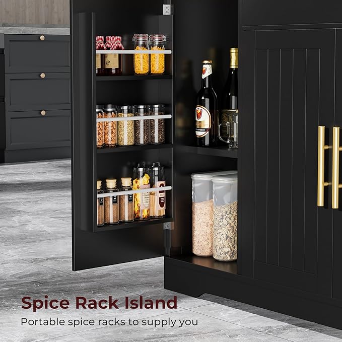53" Long Kitchen Island with Trash Can Storage, Black Kitchen Cart with Garbage Bin 10 Gallon, Wood Island with Trash Can, Wood Top, Spice Rack and Drawers