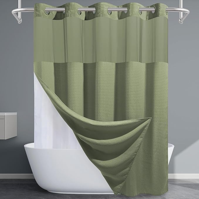 Sage Green Hotel Shower Curtain - 230GSM Waffle Textured Heavy Duty Thick Fabric Shower Curtains for Bathroom,71W x 74H