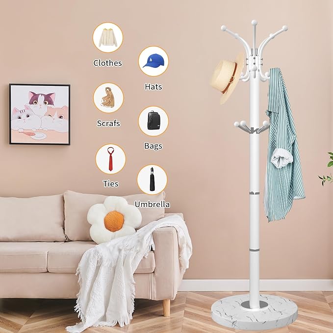 ZOZOE Metal Coat Rack Stand, Modern Coat Rack Freestanding with Natural Marble Base, 360° Rotary Design Coat Racks with 14 Hooks,White Coat Tree Hanger Stand for Bags,Hats,Entryway,Office