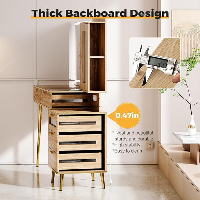 47.24" Big Modern Vanity Desk with Mirror and Lights, Vanity Desk with 29.53" HD Lighted Mirror, Makeup Vanity with 5 Drawers and Storage Shelves and Charging Station, Oak2