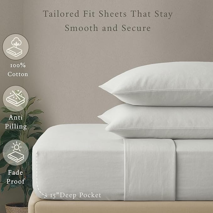 Threadmill Cotton Twin XL Sheets Set, Soft 100% Cotton, Cooling Bed Sheets with Deep Pocket Snug Fit Elastic, 500 Thread Count, 3-Pc, Hotel Quality Bed Sheets, Beats Egyptian Cotton Claim, Light Grey