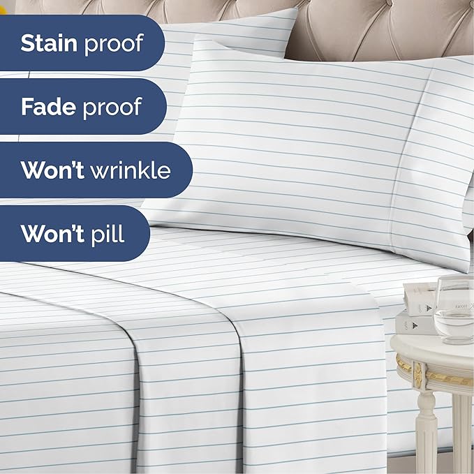 Striped Sheets - Blue & White Striped Sheets - 1 Flat & 1 Fitted & 1 Pillowcase w/ Deep Pockets – Wrinkle & Fade Resistant - Soft, Breathable & Cooling – Luxury Pinstripe Bedding - Twin Size Bed Set
