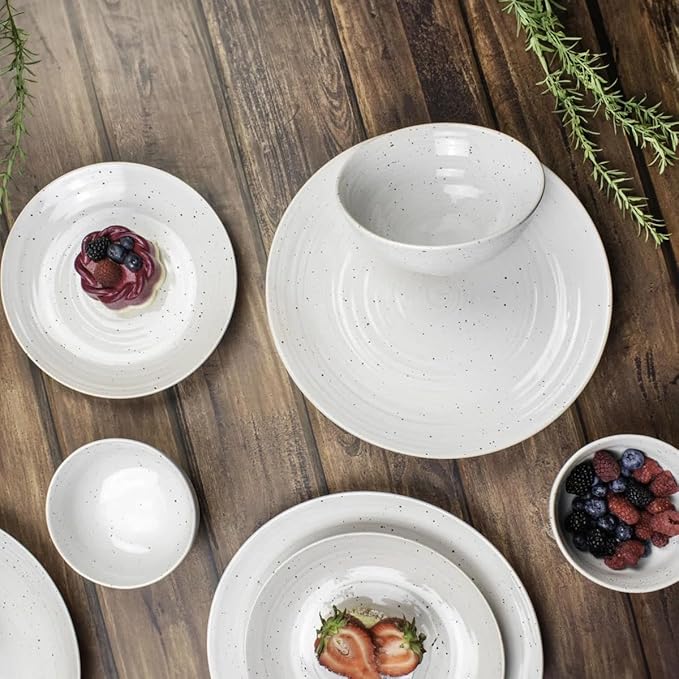 Sango Siterra 16-Piece Rustic White Stoneware Dinnerware Set – Service for 4, White with Glossy Speckle Overlay, for Everyday Dining & Entertainment, Microwave & Dishwasher Safe