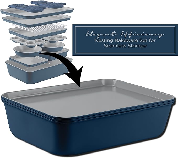Country Kitchen Nonstick Stackable Bakeware Set - Durable, Easy Release Baking Set, Denim, 13 Pcs