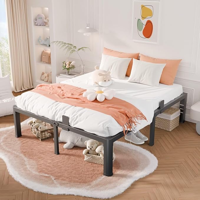 16 Inch King Bed Frame with Rounded Corner and Headboard Hole Mattress Retainers 3500 lbs Heavy Duty Support Metal Platform Bed Frame Noise Free No Box Spring Needed Easy Assembly