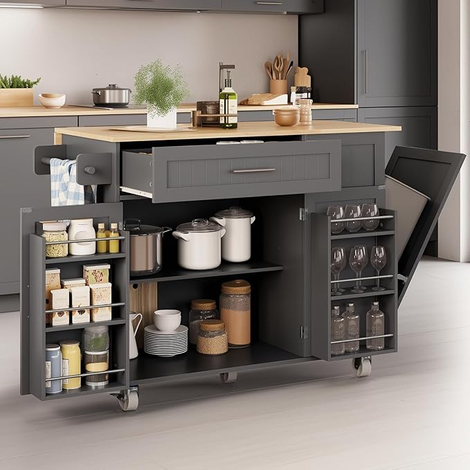 Kitchen Island with Storage & Drop Leaf - 43.3" Mobile Kitchen Cart with Wheels, Rolling Kitchen Island with Trash Bin Cabinet & Towel Rack, Rubberwood Top, Grey Island for Kitchen