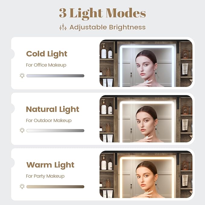 AOGLLATI Farmhouse Makeup Vanity Desk with Lights & Charging Station,Vanity Desk with Mirror and Lights, 47.2” Large Brown Vanity Table with Ample Storage Space and Sliding Mirror (Oak Brown)