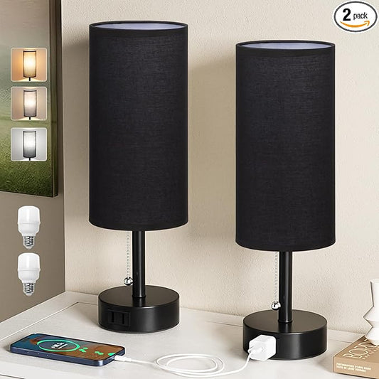 Black Bedside Table Lamps Set of 2-3 Color Temperatures Pull Chain Lamp with AC Outlet Charging Port, Round Night Stand Lamps for Bedroom Office, Small Bed Side Light with E26 LED Bulbs
