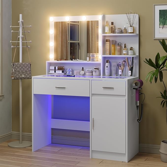 Modern White Vanity Desk with Lighted Mirror & RGB Adjustable Brightness – Elegant Dressing Table with Glass Top & Power Outlet, Perfect for Women & Girls' Bedrooms - 36 Lighting Modes (White)