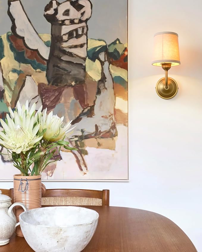 Vintage Fabric Wall Sconce with Funnel Linen Cloth Shade, E26 Hardwired Indoor 1-Light Wall Mounted Lamp Fixture for Living Room Bedroom Dining Room Hallway