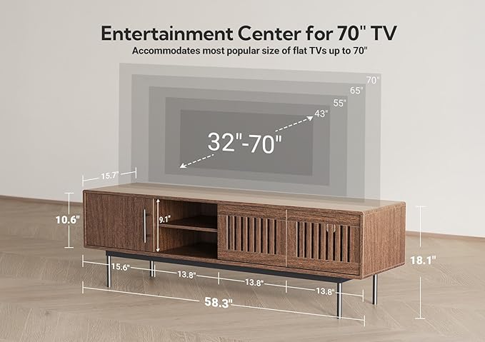 Claiks Mid Century Modern TV Stand for TV up to 70 inch, Entertainment Center with Sliding Barn Doors & Adjustable Shelve, Retro Low Profile Media Console TV Table for Living Room, Walnut