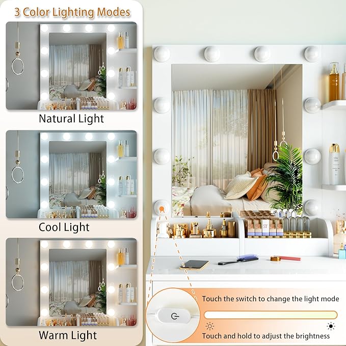 Vanity Mirror with Lights Desk and Chair: Make up Vanity with Mirror and Lights, Vanity Dresser with Drawers and Stool, for Bedroom Dressing Room (White)