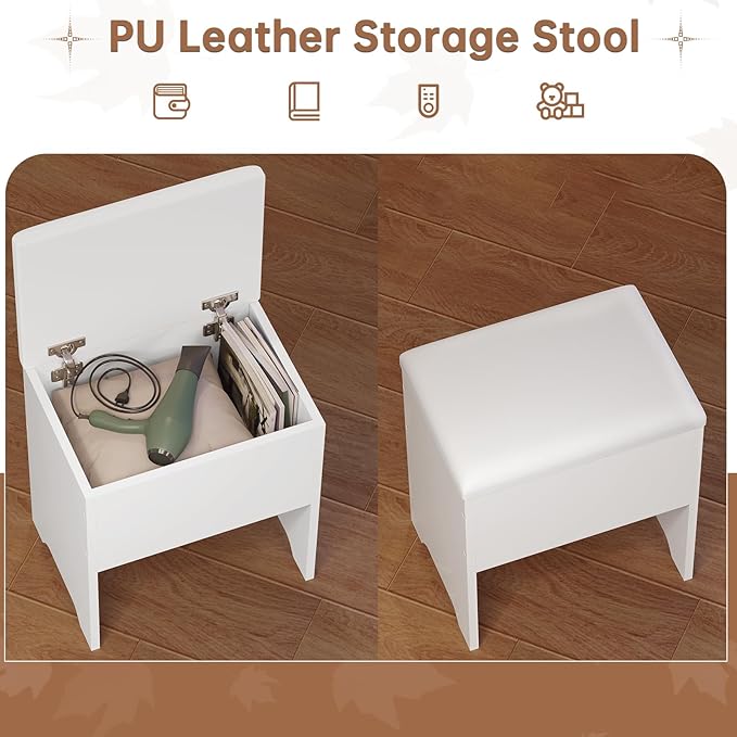 Vanity Desk with Mirror Lights, Storage Bench & Power Outlet, Corner Vanities with Rotating Cabinet & Drawers, 42.5" L Shaped Vanity Set, 3 Light Settings, for Women Girls, Modern White