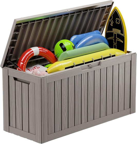 Vixzen 86 Gallon Resin Deck Box, Lockable Outdoor Storage Box for Patio Cushions Storage Furniture,Garden Tools, Pool Supplies, Weatherproof and UV Resistant- Grey
