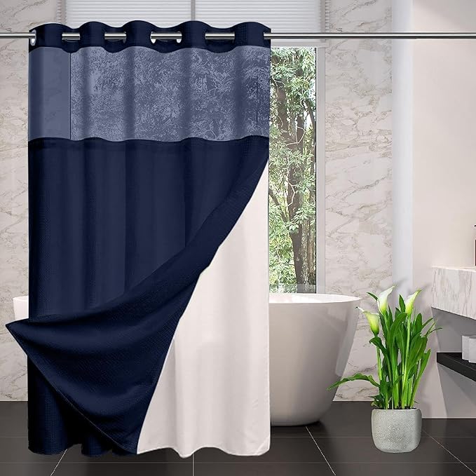 No Hooks Required Waffle Weave Shower Curtain with Snap in Liner-Hotel Grade Waterproof & Mesh Top Window Spa Like Bath Curtain Machine Washable Heavy Duty 71''W x 86''H Navy Blue