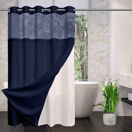 No Hooks Required Waffle Weave Shower Curtain with Snap in Liner-Hotel Grade Waterproof & Mesh Top Window Spa Like Bath Curtain Machine Washable Heavy Duty 71''W x 86''H Navy Blue