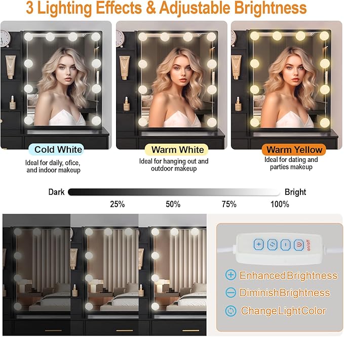 Vanity Desk with Sliding Mirror and Lights, Small Makeup Vanity Table Set with Chair and Drawers, Black Vanity with Lighted Mirror for Bedroom, Dressing Table for Teen Girls and Women