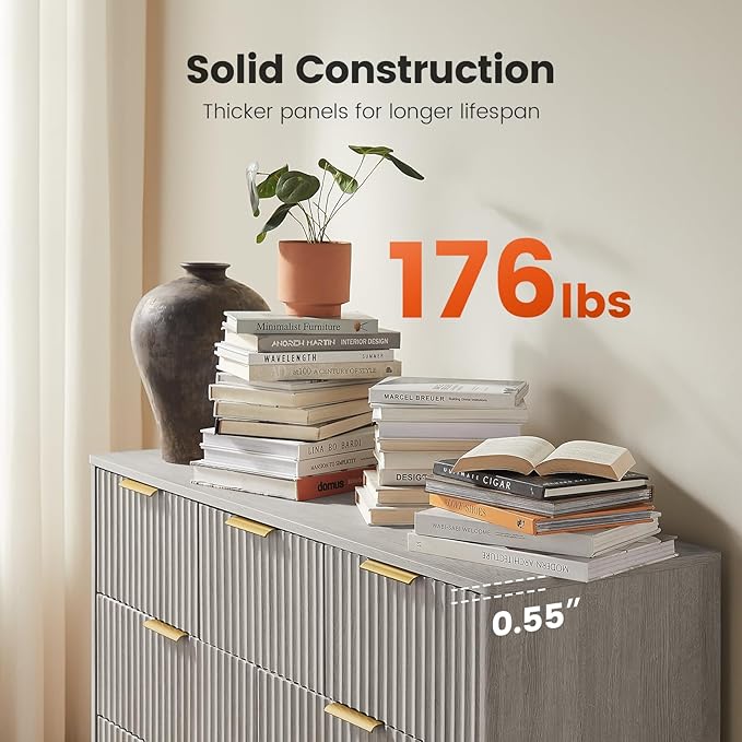 Amada Modern 7 Drawer Dresser, Fluted Wood Chest of Drawers with Rounded Corners, Pre-Installed Drawer Slides, Dresser TV Stand and Storage Organizer for Bedroom, Hallway, Grey