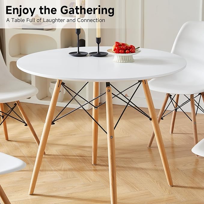 Round Dining Table Set for 4 31.5" Wood Dinner Table Circle Dining Table Kitchen Table Chairs Set of 4 with Wood Strip Base for Kitchen Living Room Space Saving Apartment(White)